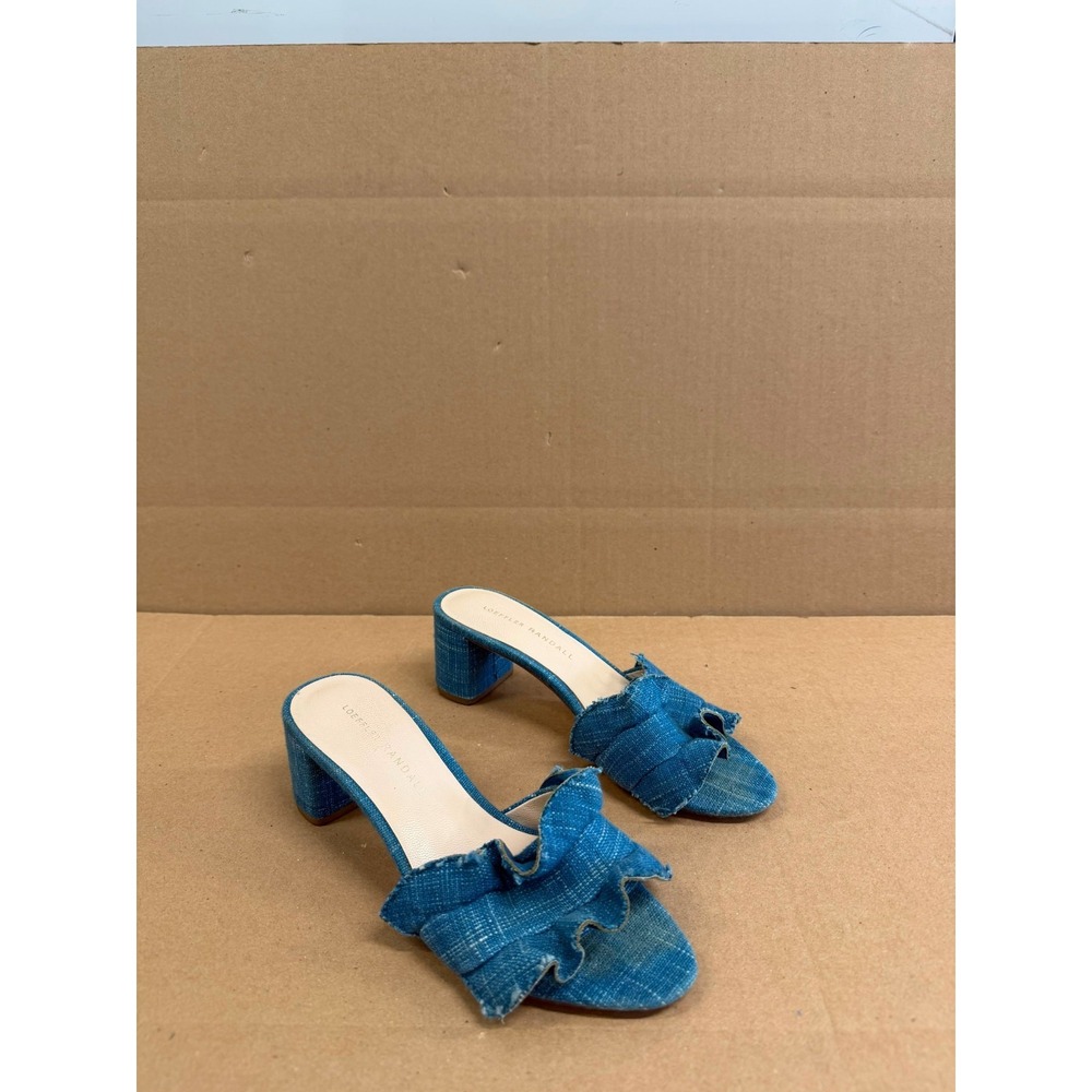 Loeffler Randall Vera Ruffle Denim Block Heel Sandals Blue Womens Size 5.5B US